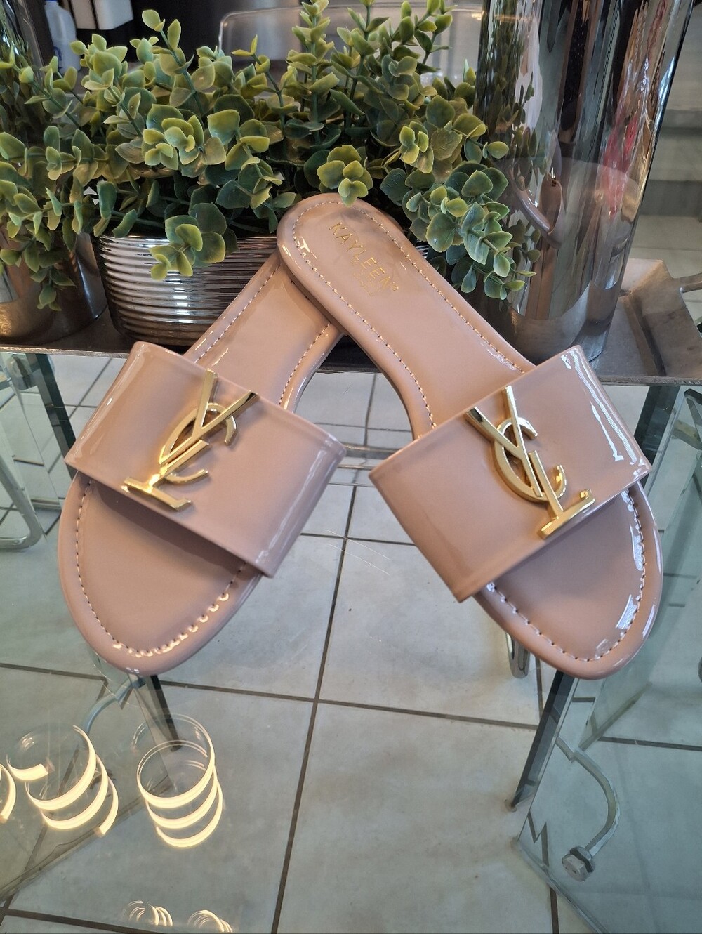 Beige  Patent Slide Sandals with Gold Logo